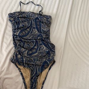J crew paisley navy blue ruched one piece swimsuit